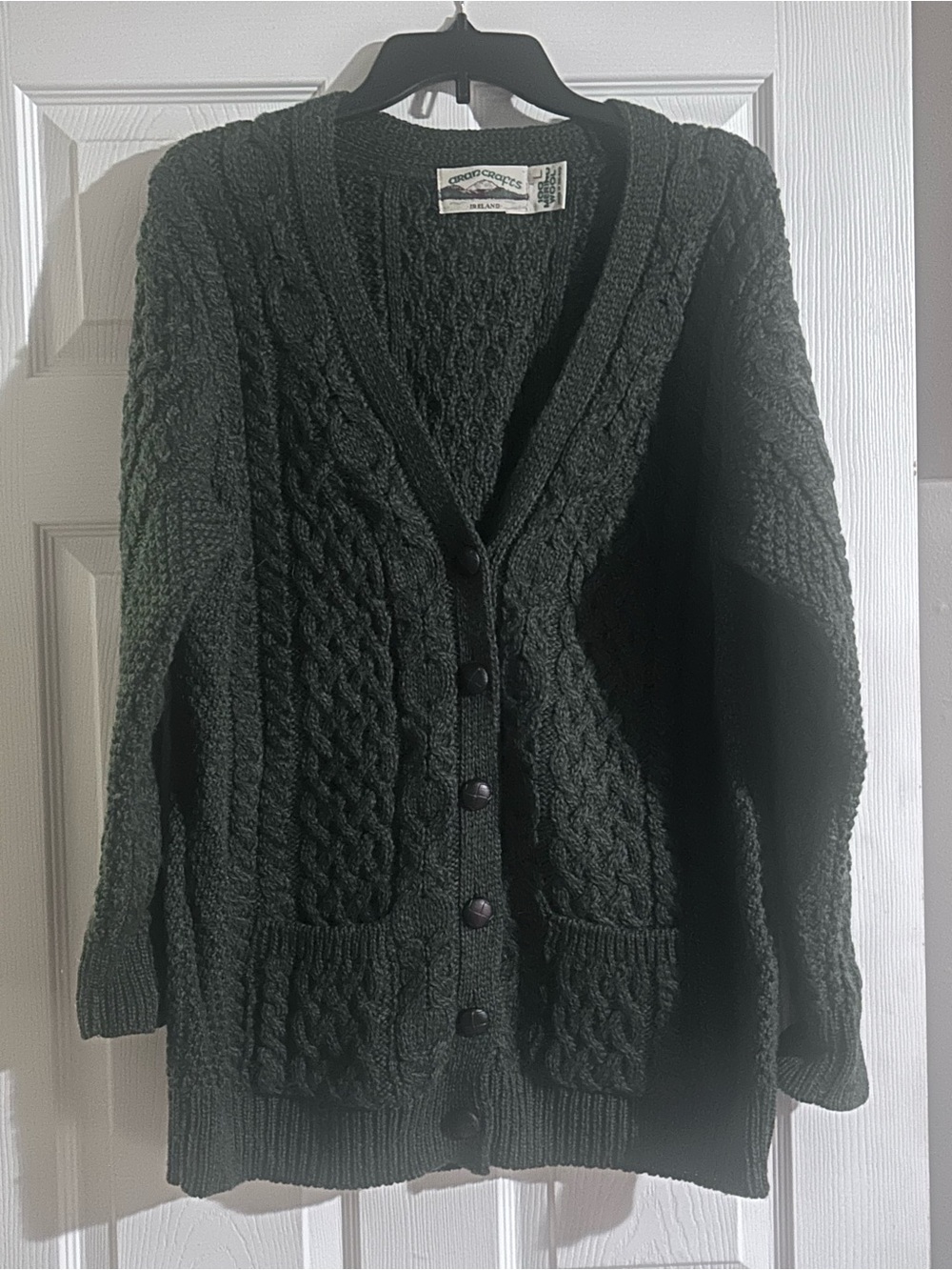 Aran Crafts Irish Merino Wool Cable Knit Cardigan Sweater Dark Green L